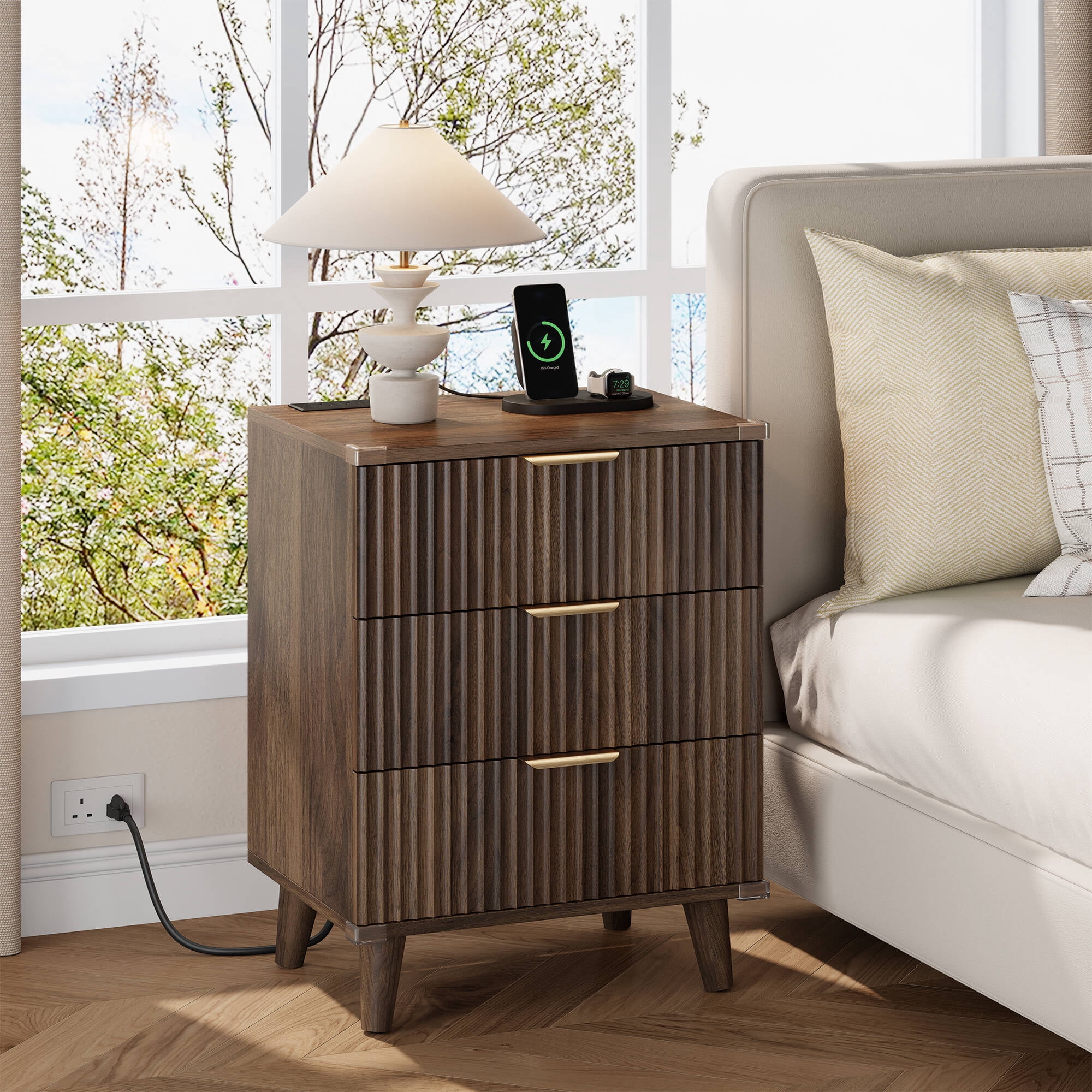 GIKPAL Night Stands for Bedroom Set of 2, Modern Bedside Table with 3 Drawers & Charging Station,Fluted Panel End Tables for Bedroom & Living Room, Walnut