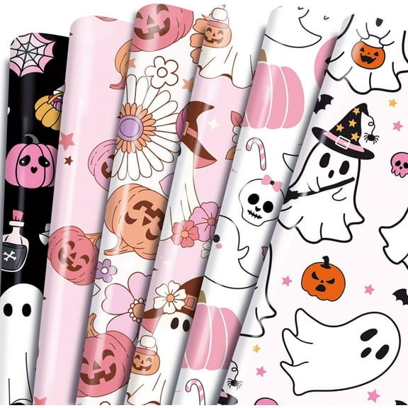 Pink Halloween Wrapping Paper - 12 Pcs Pink Ghost Pumpkin Skull Art Design Gifts Wrap Paper for Halloween Decorations Birthday Baby Shower Holiday Valentine's Day