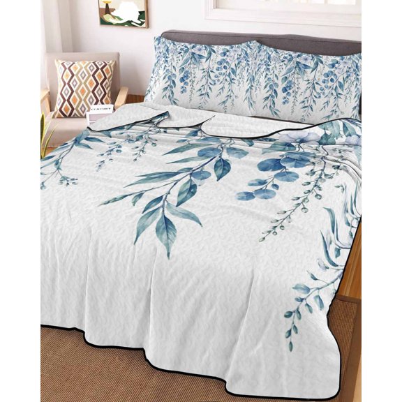Twin Quilt Bedding Set, Farmhouse Blue Leaves Lightweight Coverlet Summer Comforter Set Soft Microfiber Bedspread, Minimalist Wisteria Foliage 3 Piece Quilt Set with 2 Pillow Shams
