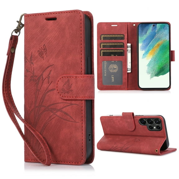 Nalacover Slim Wallet Case for Samsung Galaxy S21 Ultra, for Women Men, Embossed Pattern PU Leather Shockproof Magnetic Clasp Credit Card Slots Flip Kickstand Phone Case Wrist Strap,Red