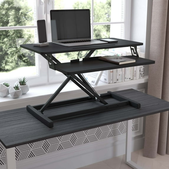 Emma + Oliver 32" Height Adjustable Sit to Stand Desk Riser with Keyboard Tray and Phone Slot