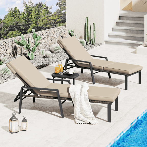 YODOLLA Outdoor Chaise Lounge Chairs Set with Adjustable for Comfortable Relaxation, Sturdy Rattan Loungers for Patio Poolside in Beige(2 Pcs)