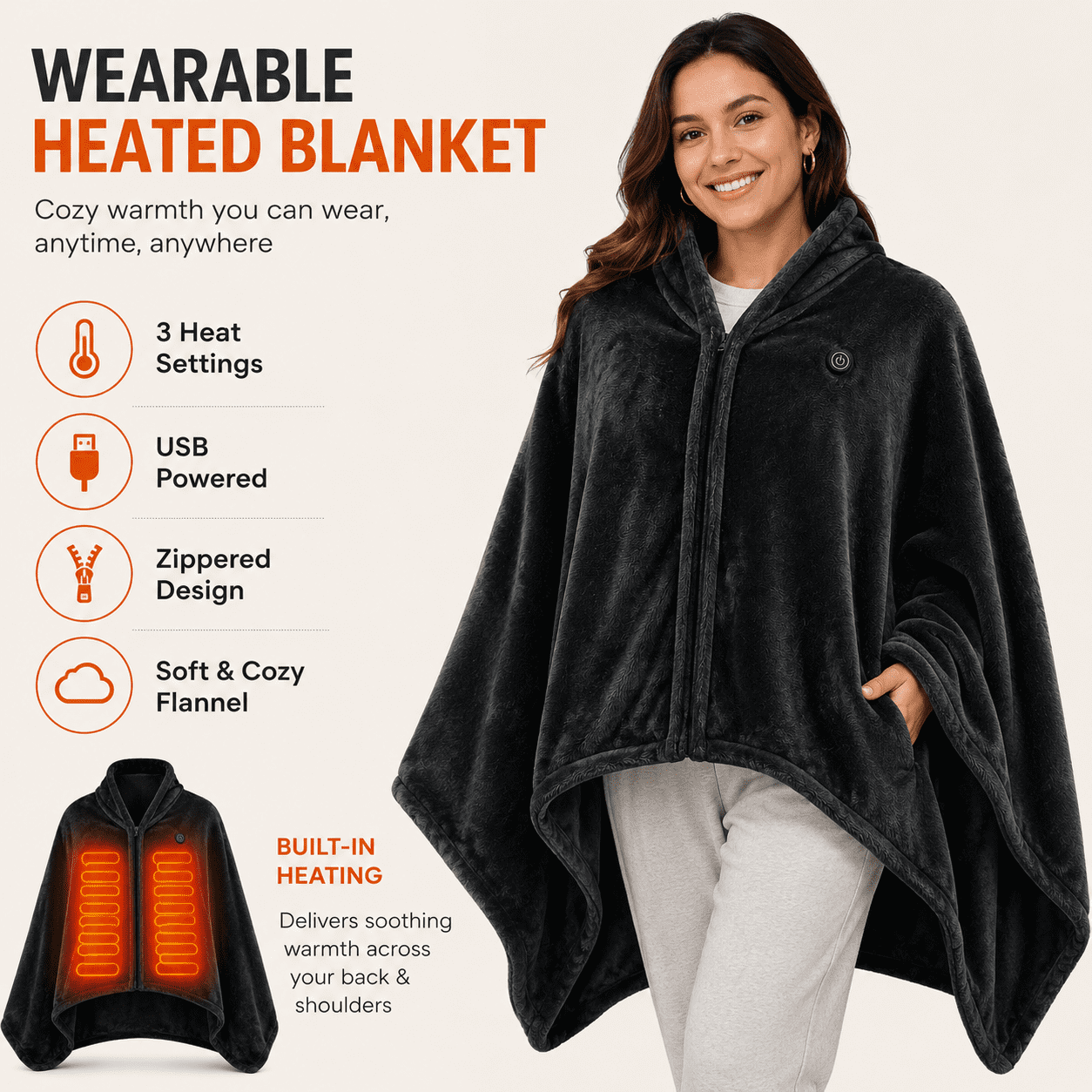 USB Heated Blanket, Poncho, and Shawl Wrap – Washable, Zippered, 59x31 inches for Home and Office