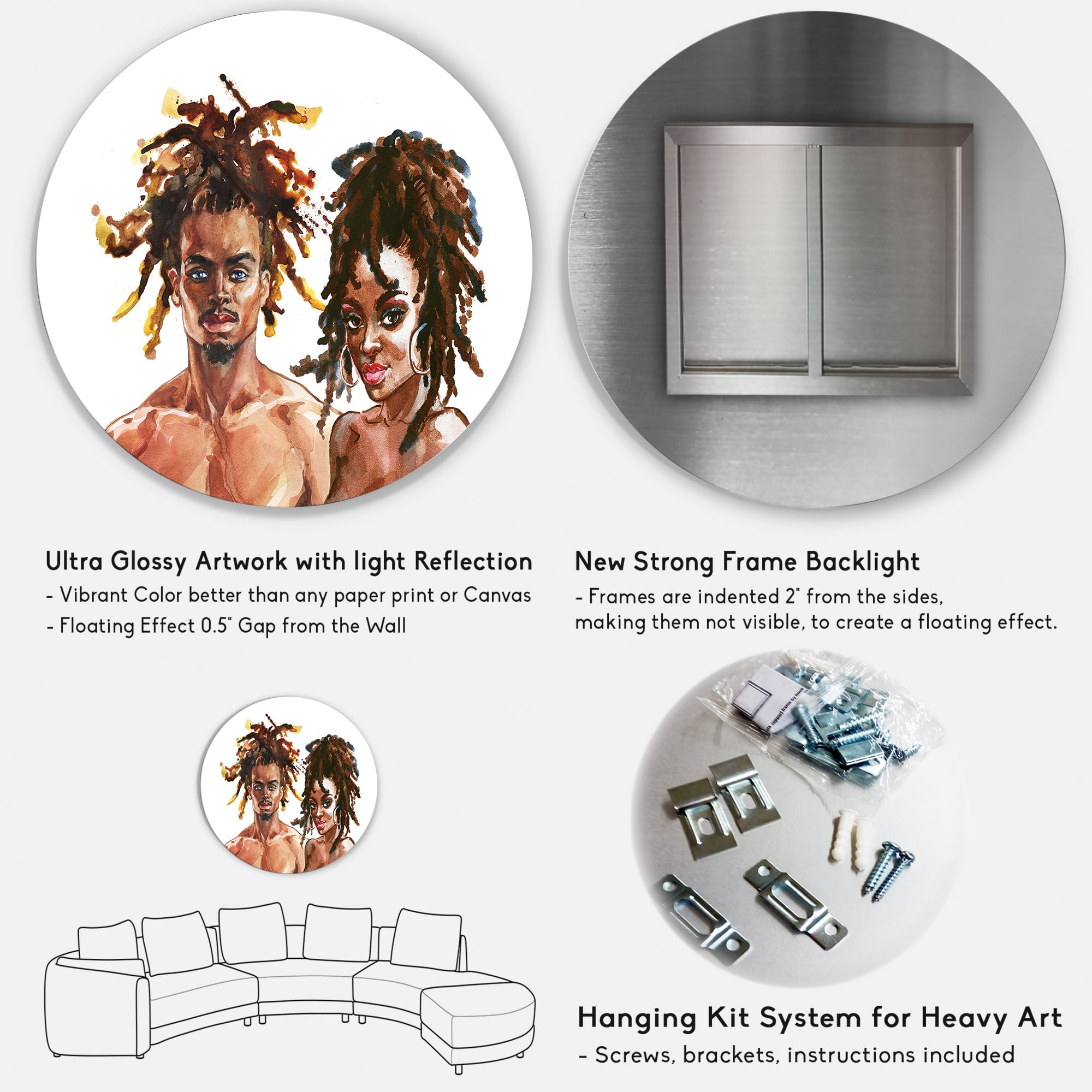 Designart 'Portrait of African American Couple' Modern Circle Metal Wall Art 29x29 - Disc of 29