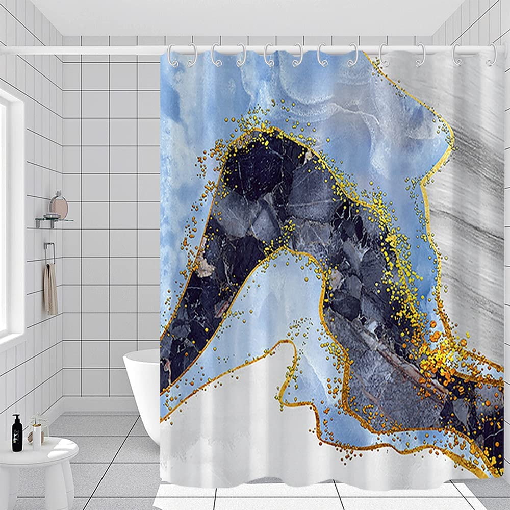 Marble Bathroom Shower Curtain Blue Black Gold Waterproof Fabric Shower Curtains with Hooks Watercolor Abstract Shower Curtains Cloth for Home Bath Decor 72x72 inches