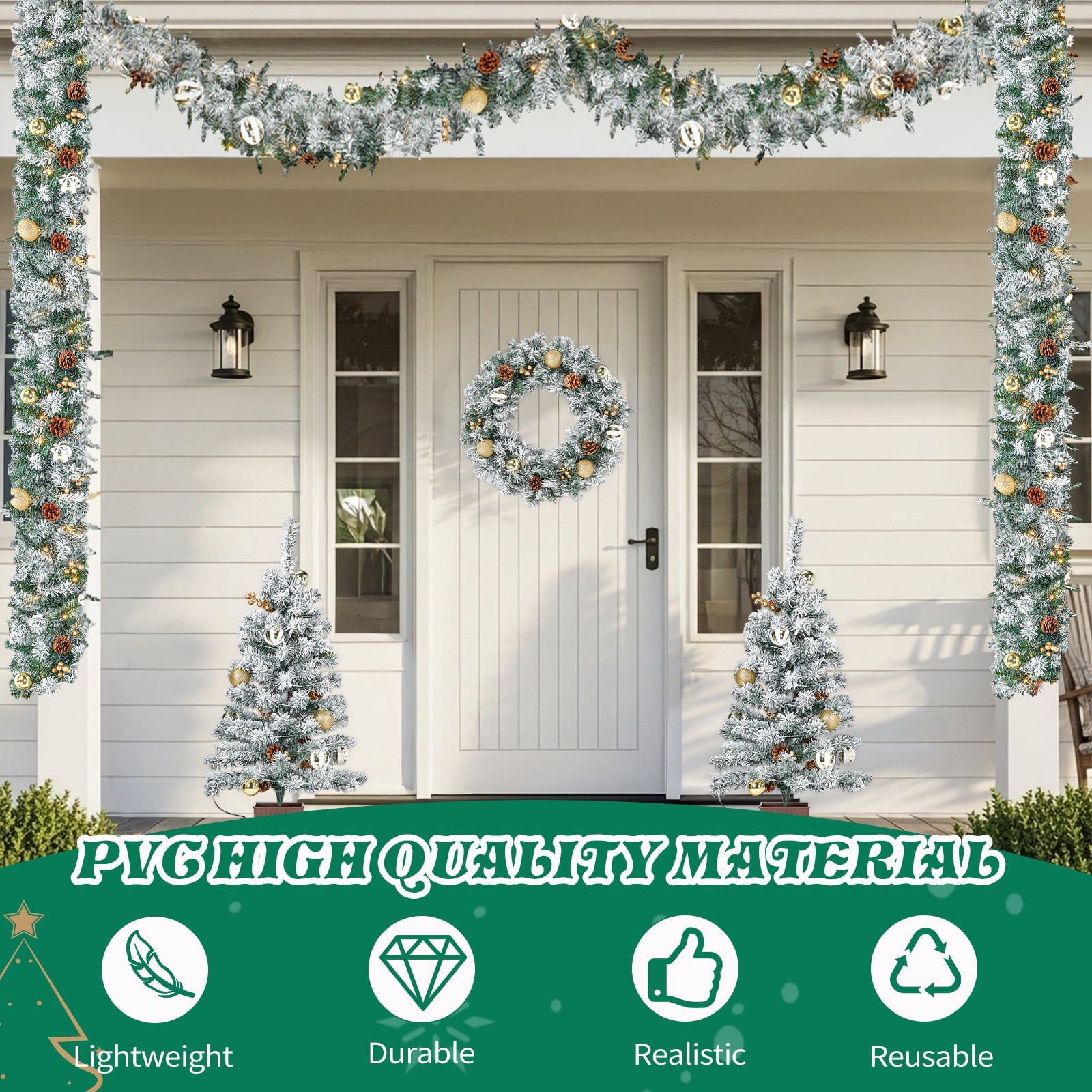 Astoutdoor Pre-Lit 4-Piece Christmas Decor Set with Snow Flocked Green PVC, Warm White LED Lights, Remote Control, Includes 2 Entrance Trees, Wreath, and Garland