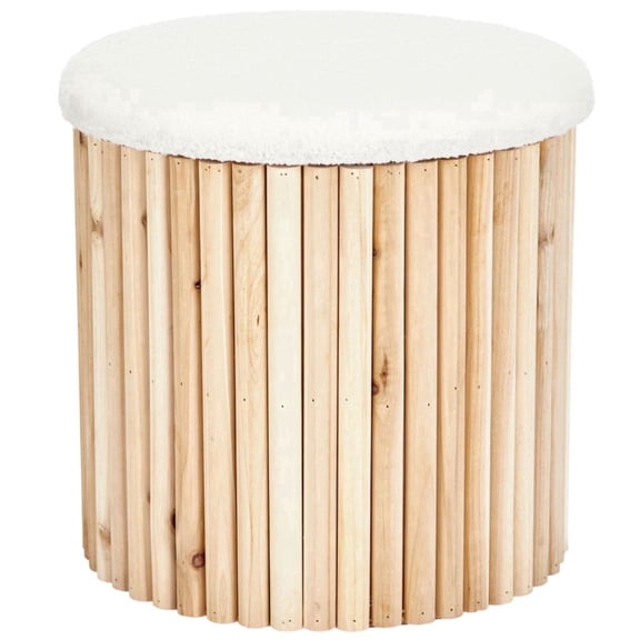 Aria Home Round Storage Ottoman 16" with Tray Top Bouclé Upholstery & Bamboo Wood Base