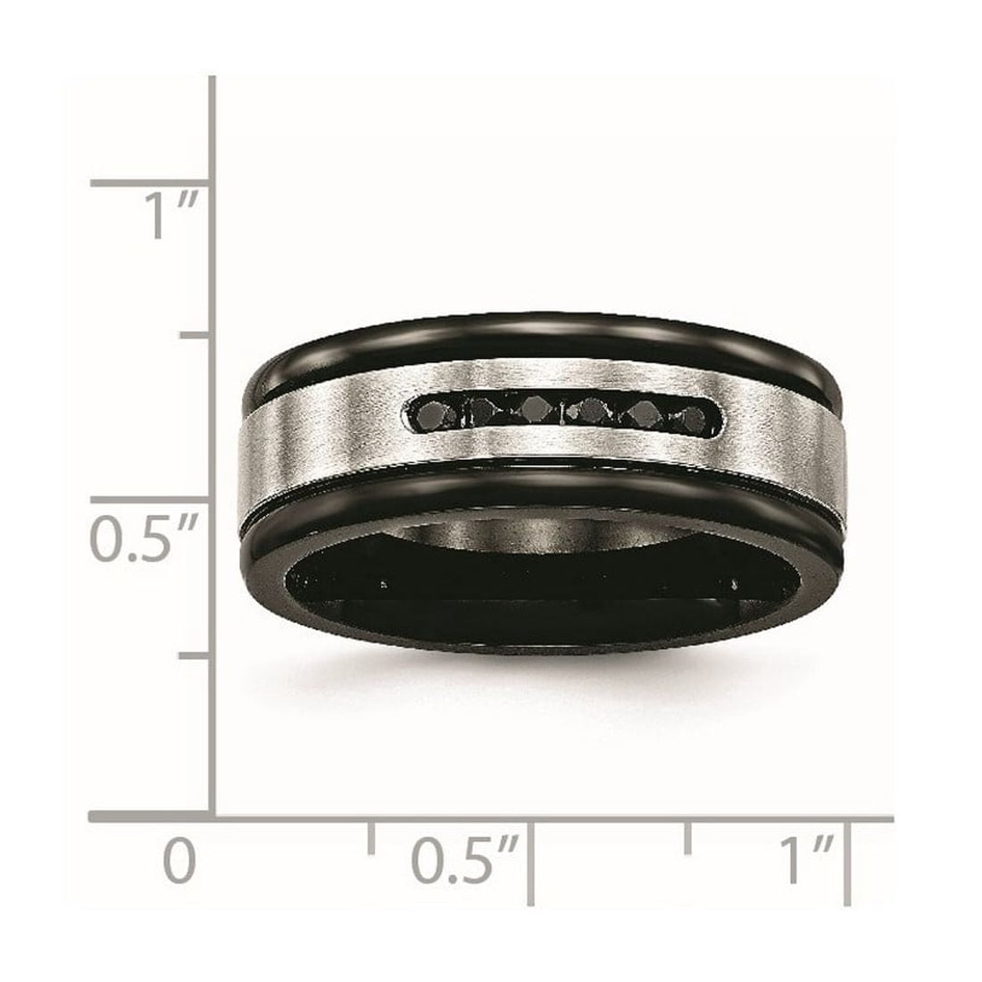 8mm Stainless Steel Brushed Polished Black Ip Grooved Blk Cubic Zirconia Ring Size 7 Ring for Women