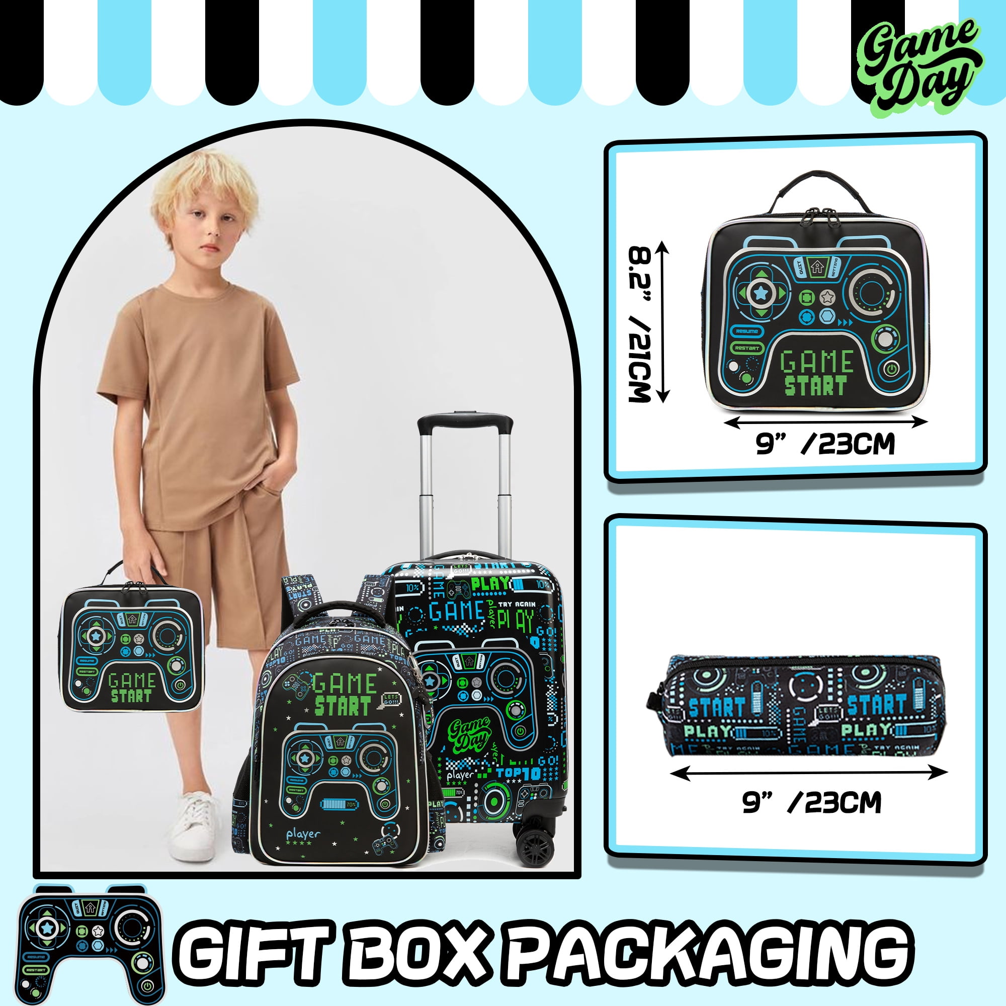 Kids Rolling Luggage Sets for Boys 5 Piece Suitcase Set with Travel Pillow Hardshell Suitcases with Wheels Airline Approved 16 inch
