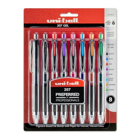uni-ball 207 Retractable Gel Pens, 0.7 mm Medium Tip, Assorted Colors, Set of 8