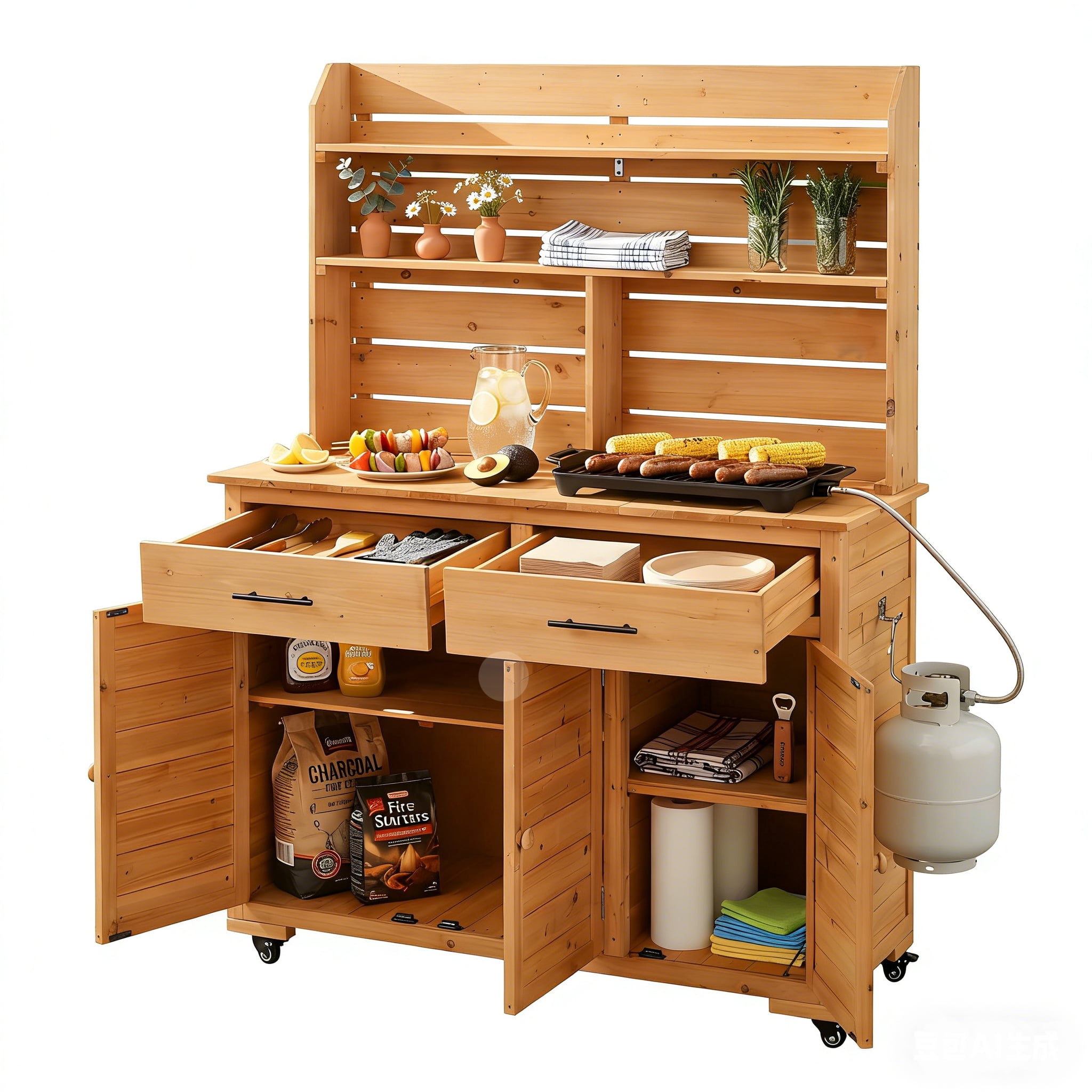 Mintazer 65"H Rolling Outdoor Potting Bench with 2 Drawers & Storage Cabinet, Farmhouse Kitchen Island Prep Cart with Hutch Top & Shelves, Natural