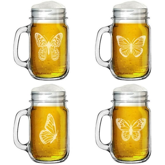 16oz Mason Jar Glass Mug w/Handle Gift Set of 4 Butterfly Collection