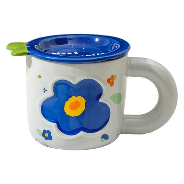 Toystoory Taza de cerámica con tapa para café y agua, bonitas tazas con diseño de flores, recipiente para desayuno, asa para taza, suministros Juegos de servir café y té Azul