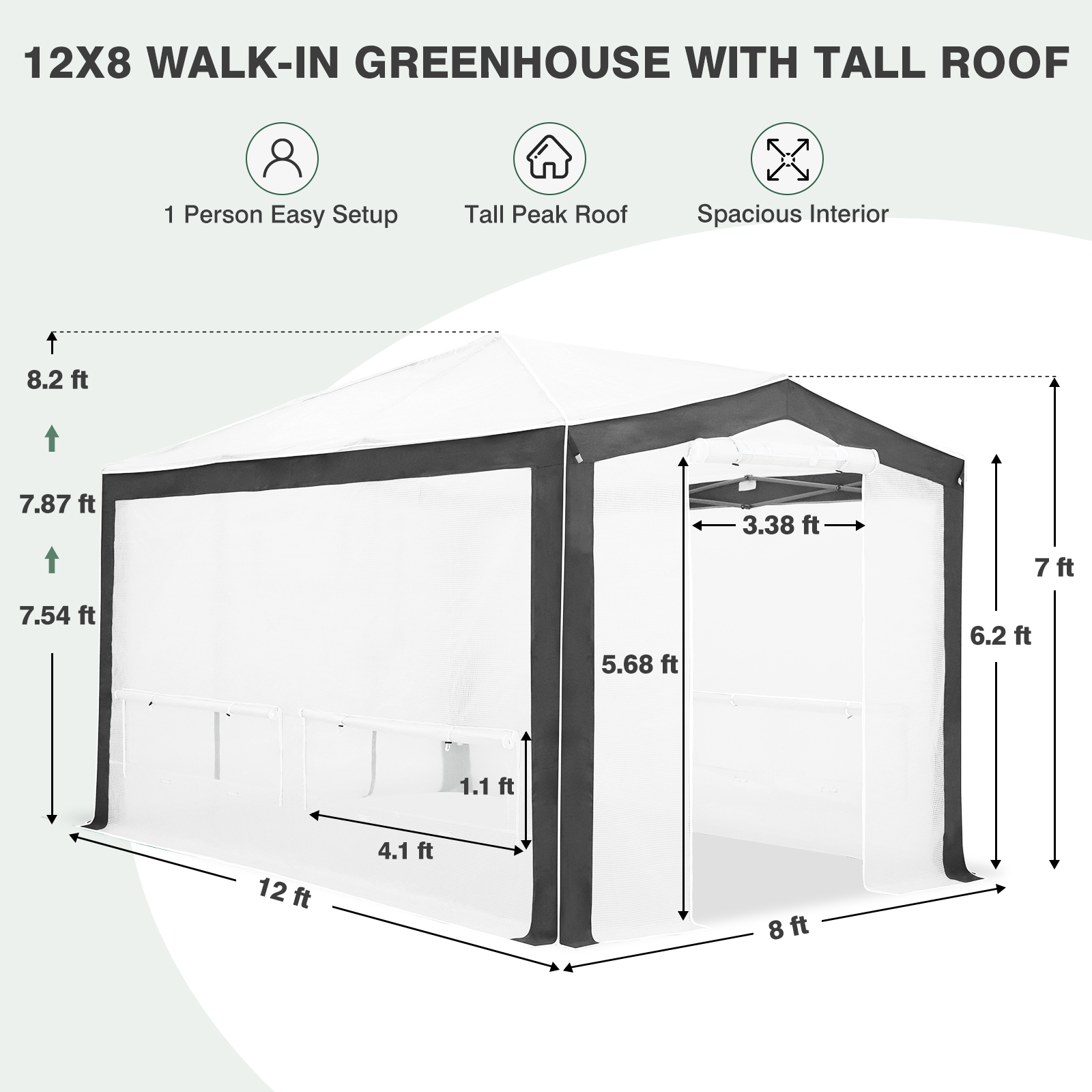 EAGLE PEAK 8x12 Portable Walk in Greenhouse , Heavy Duty Pop Up Green House, Front Roll Up Zipper Entry Door and Mesh Windows, Gray/White