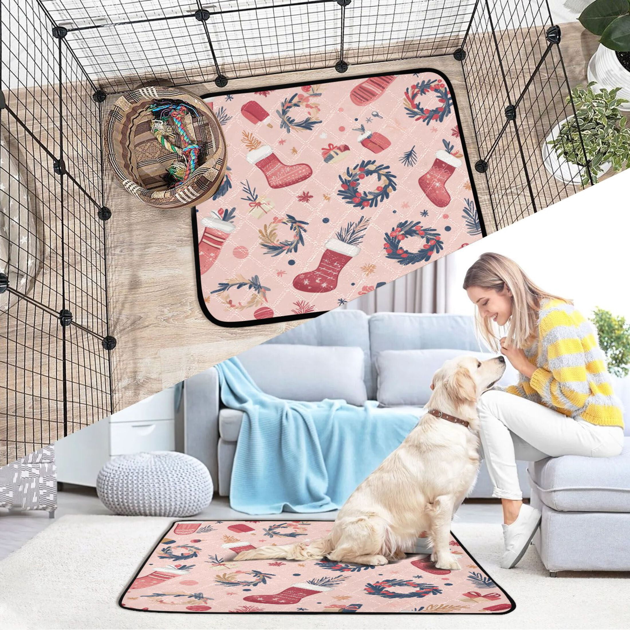 Qxltty A Pattern with Christmas Stockings and Wreaths Cat litter Pads Pet Set of 3 Diaper Mats Center Anti-leakage Layer Absorbent Soft and Comfortable