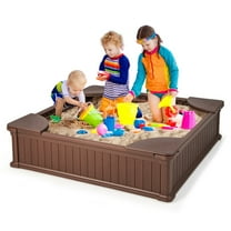 GVN Kids Outdoor Sandbox with Oxford Cover and 4 Corner Seats, Backyard Sandbox, Kid's Outdoor Furniture, Honey, Gift for Ages 2-8