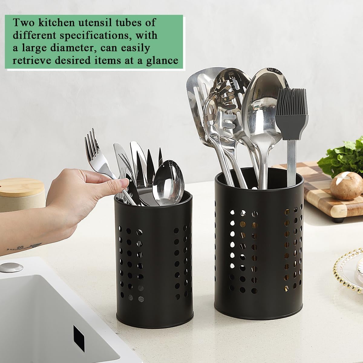 Kitchen Utensils Holder for Counter Top 2 Pieces, Black Stainless Steel Cutlery Holder, Kitchen Essentials Farmhouse Style Home Countertop Organizer
