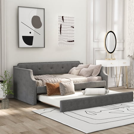 Noble House Brynn Twin Upholstered Daybed with Trundle and Nailhead Trim, Linen Fabric Sofa Bed, Gray