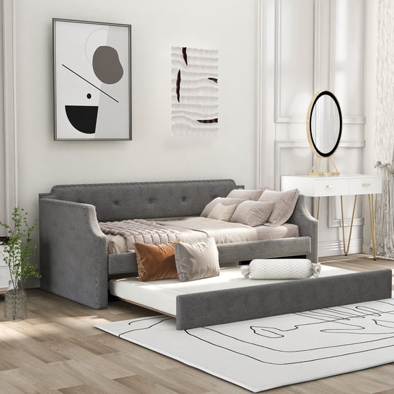 Noble House Brynn Twin Upholstered Daybed with Trundle and Nailhead Trim, Linen Fabric Sofa Bed, Gray