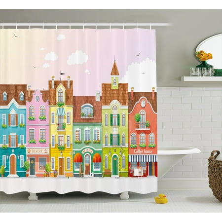 Vintage Shower Curtain, Retro Houses in Various Colors with Small Businesses Bakery Fishmonger Coffee Shop, Fabric Bathroom Set with Hooks, 69W X 75L Inches Long, Multicolor, by