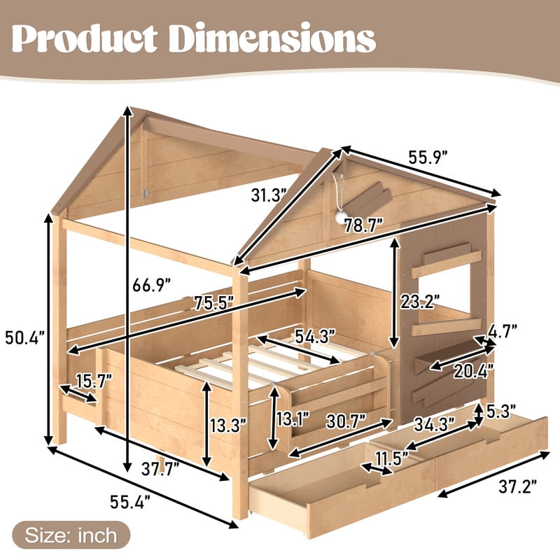Full House-Shaped Kid's Bed with Built-in Bookshelf & Light Bulb, Wooden Platform Bed Frame with 2 Drawers & 5 Round Hooks