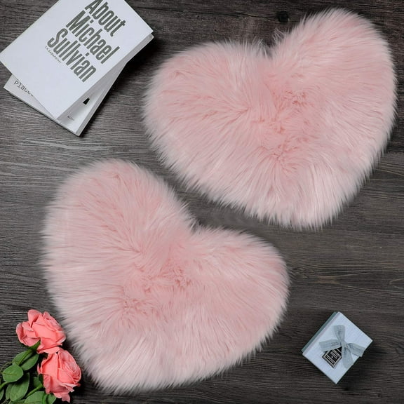2 Pieces Fluffy Heart Shaped Rug Faux Area Rug Bushy Room Carpet for Home Living Room Sofa Floor Bedroom, 12 x 16 Inch (Pink)