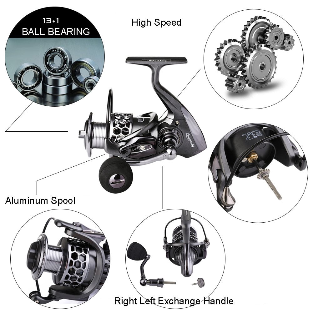 Fishing Reel 13+1bb Light Weight Ultra Smooth Aluminum Spinning With Free Spare Graphite Spool