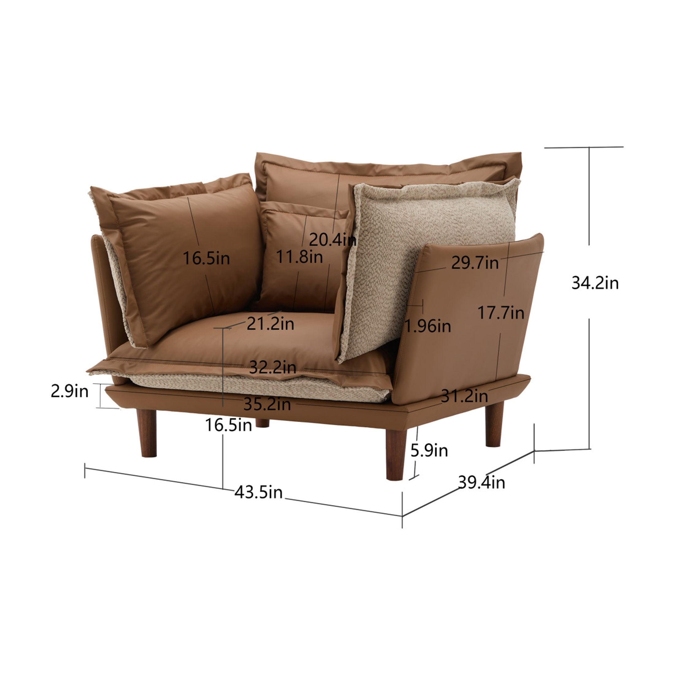Aureth Modern Convertible Lounge Armchair with Reversible Upholstery, Feather-Filled Cushions, Orange