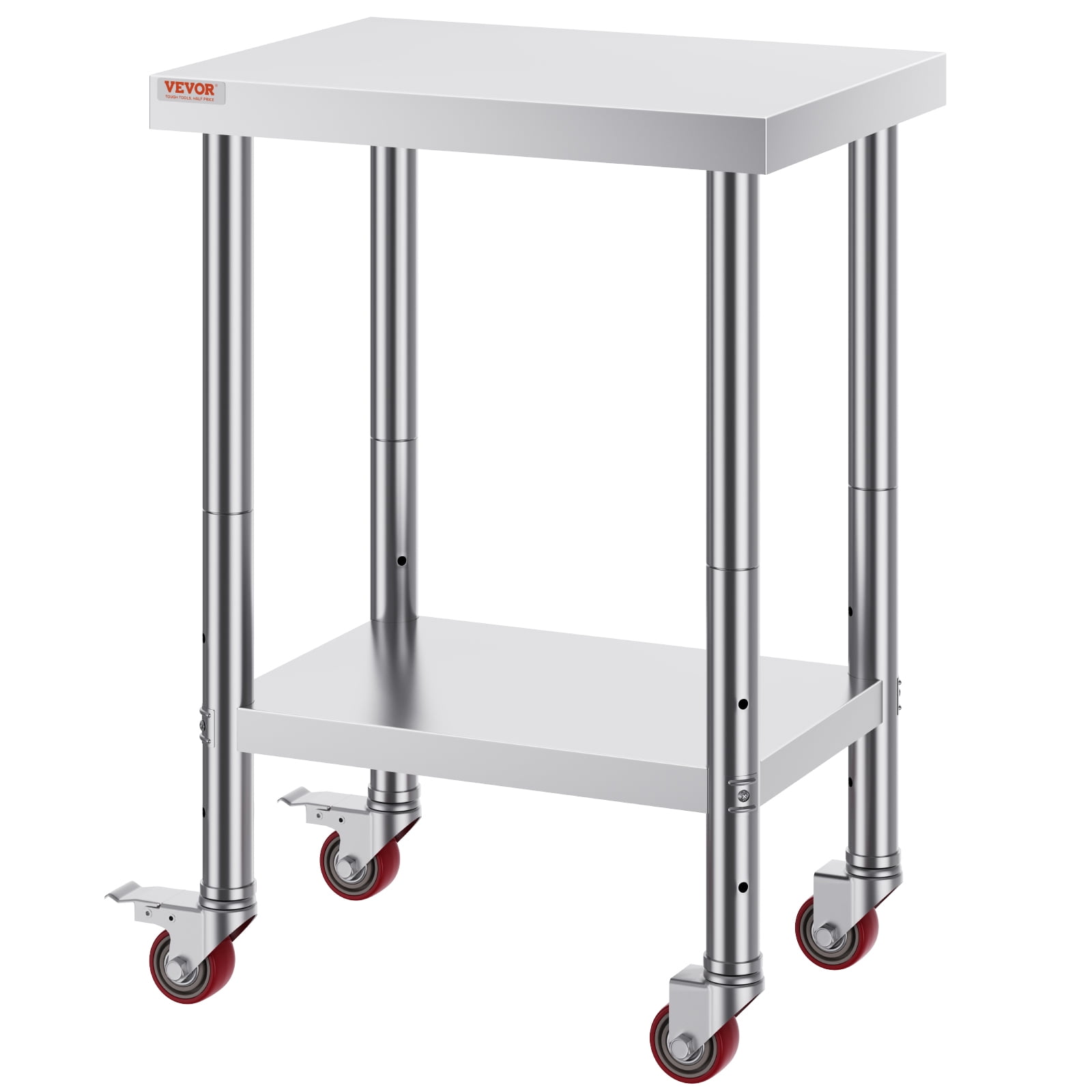 VEVOR Stainless Steel Work Table 24 x 18 x 34 Inch, 700 LBS Load Capacity with 4 Wheels, 3 Adjustable Height Levels, Heavy Duty Food Prep Worktable for Commercial Kitchen Restaurant, Silver