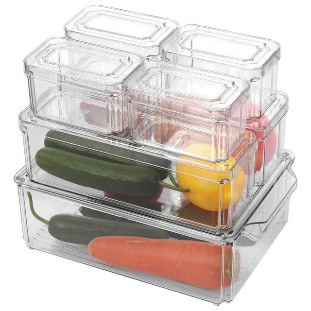 MesaSe 7Pcs Fridge Organizer Box with Lid Clear Fruit Storage Containers Stackable Refrigerator Organizer Bins with Drain Tray
