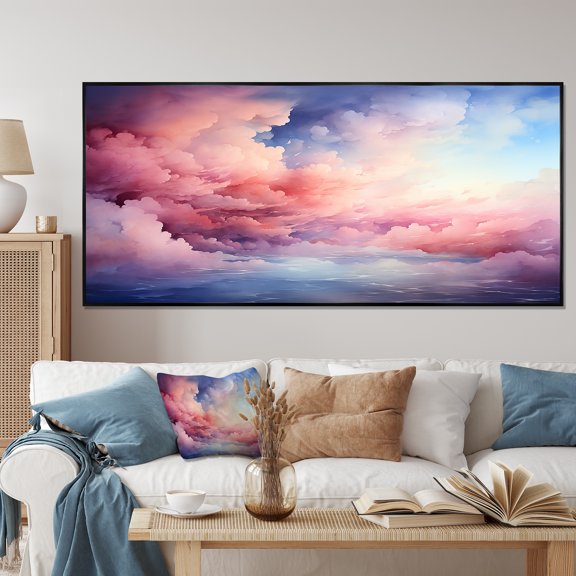 Designart "Pastel Sky Palette Pink and Blue Hues IV" Extra Large Landscapes Framed Wall Art - Traditional Pink Sky Living Room Framed Canvas Art