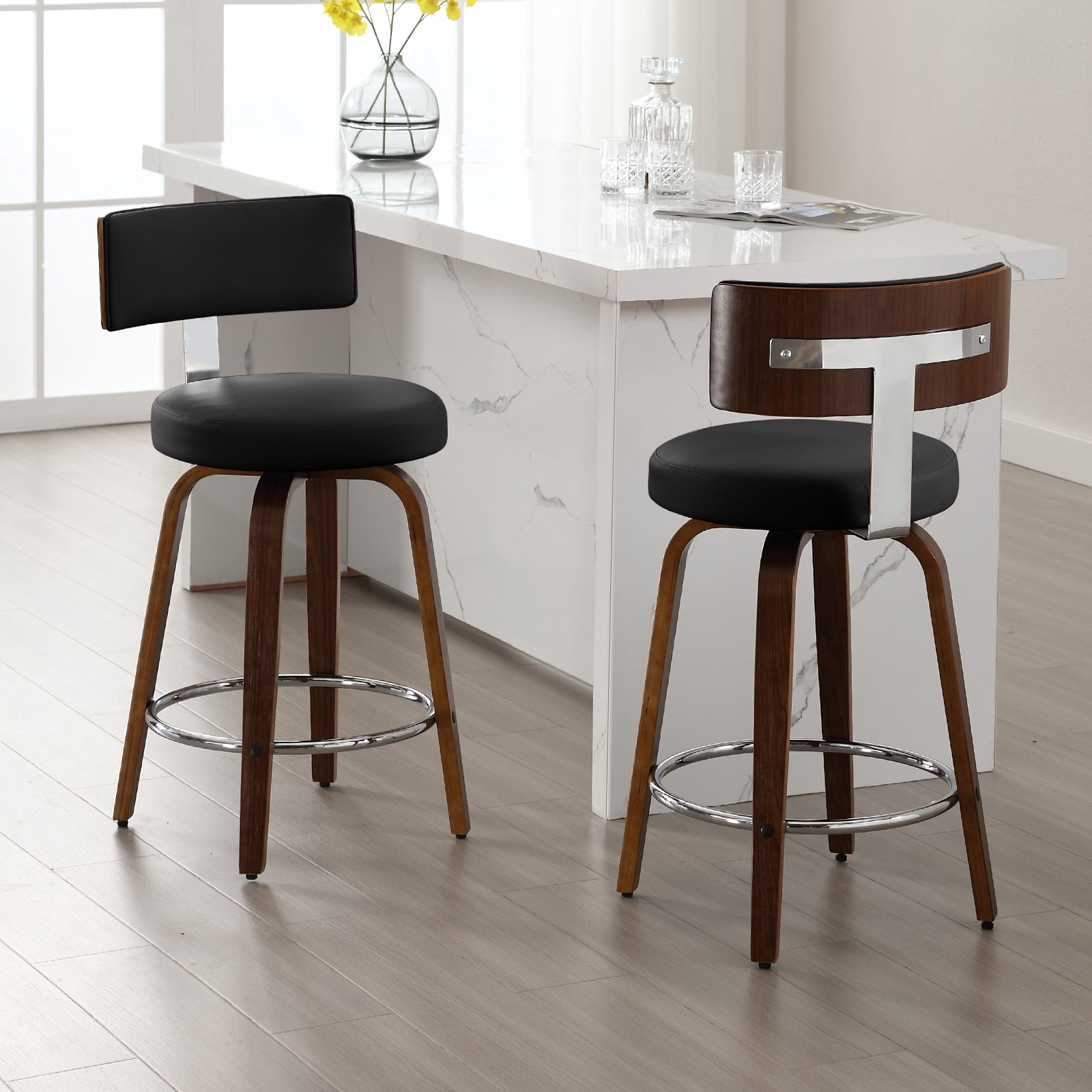 ANMINY Bar Stools Set of 2 360° Swivel with Back and Round Seat PU Leather Barstools 29" Bar Height Upholstered Bar Chairs Island Stools for Kitchen Counter