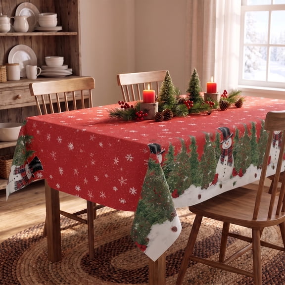 Sm:)e Christmas Tablecloth 60 x 84 Inch Rectangular, Snowman Cardinals Red Xmas Winter Table Cover