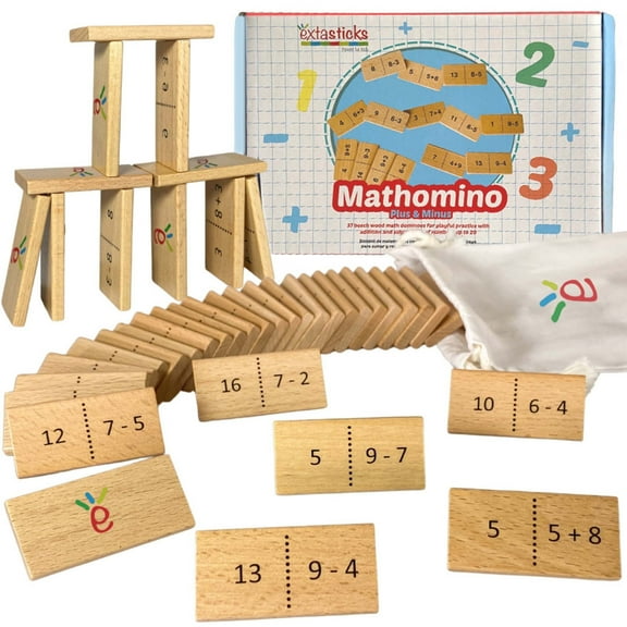 Math Domino Game for 1st & 2nd Grade | Wooden Algebra Dominoes Plus/Minus | Educational Learning Toy for Kids 6 | Classroom, Homeschool & Teaching Supplies