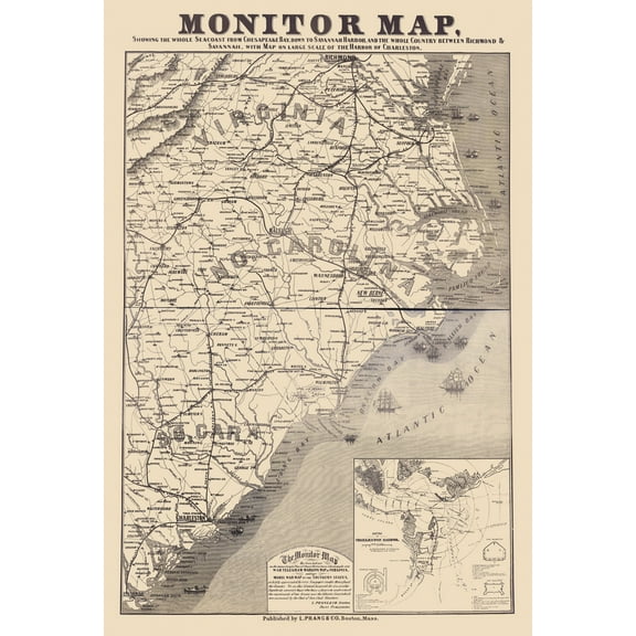 Historical Civil War Map - Carolinas Virginia Coasts- Prang 1863  - Vintage Wall Art