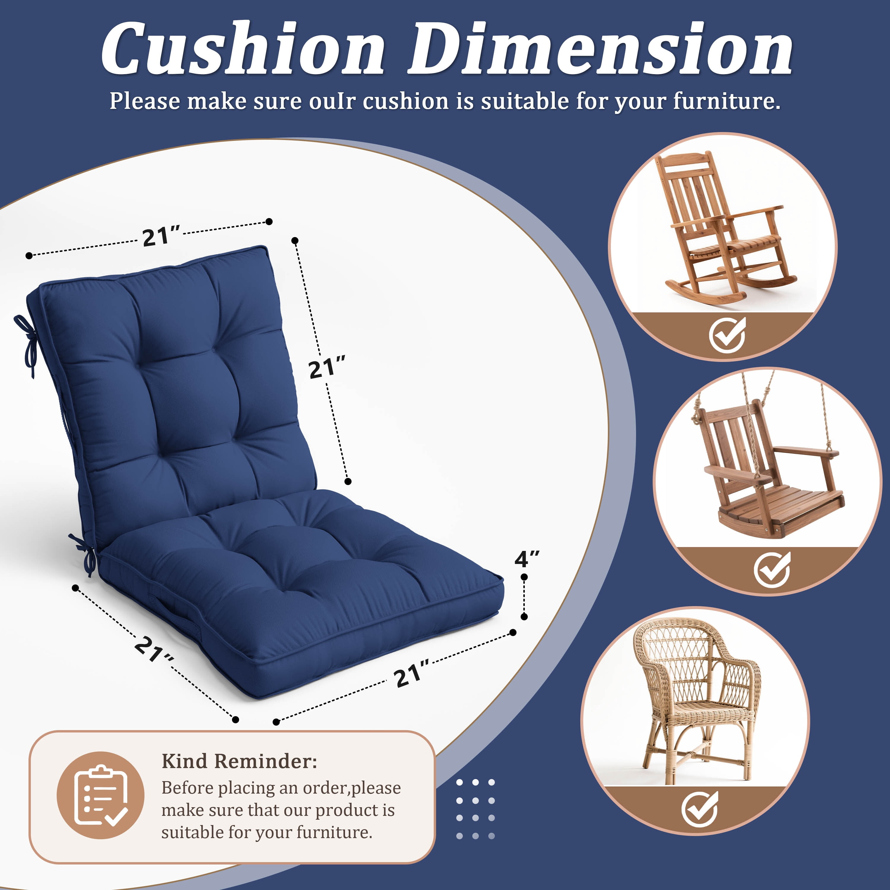 Kimunuk Outdoor Chair Cushions Set of 2, 42 x 21 x 4 in Non Slip Porch Swing Cushion Seat Back Cushions with Ties for Indoor Patio Rocking Chair, Blue