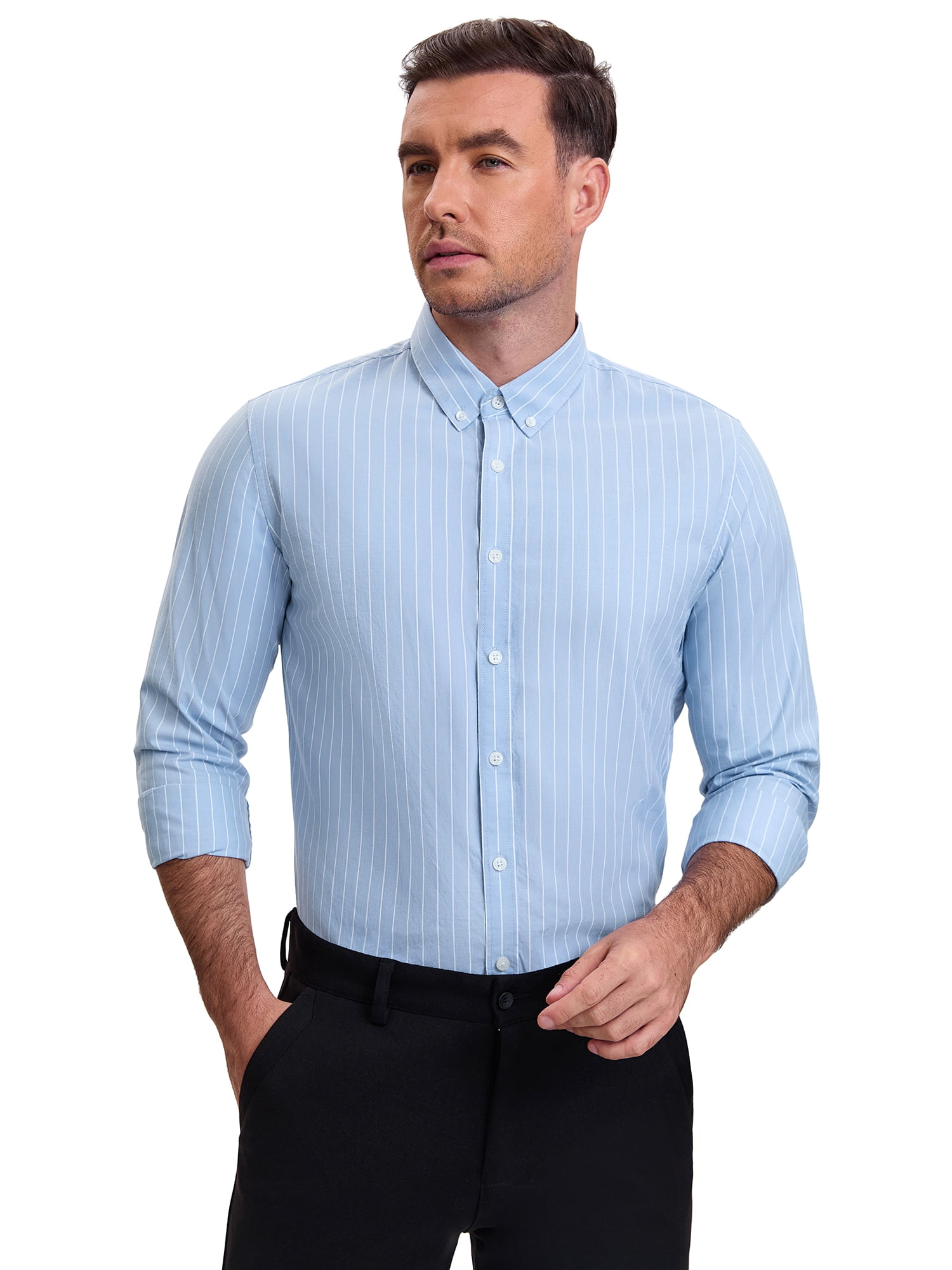 DARING DIVA Men's Stripes Long Sleeved Button Down Business Dress Shirts L Light Blue