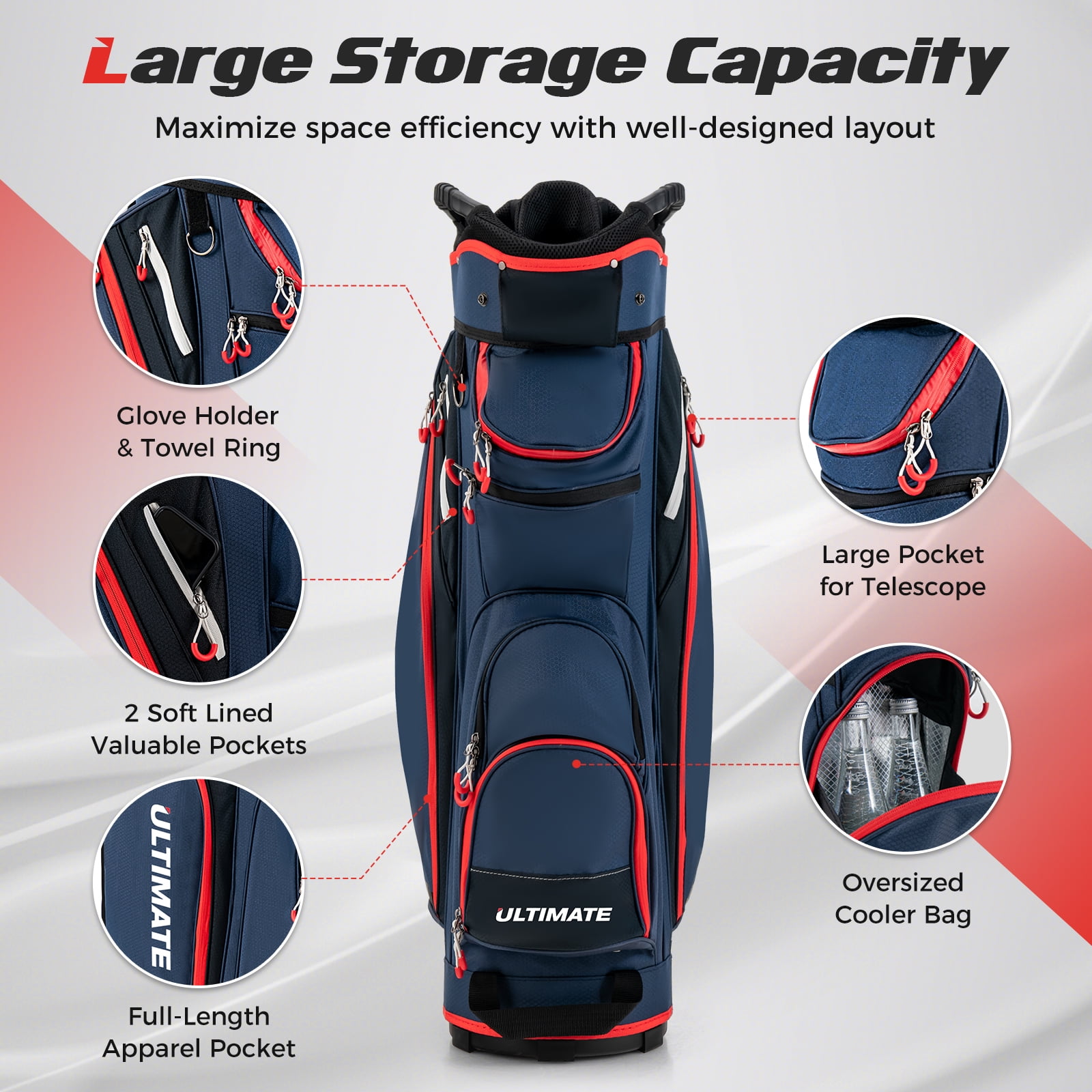 Topbuy Golf Cart Bag Lightweight Portable Golf Club Bag with 14-Way Dividers 8 Zippered Pockets Including Cooler Bag Rain Hood and Shoulder Strap for Men Women Navy