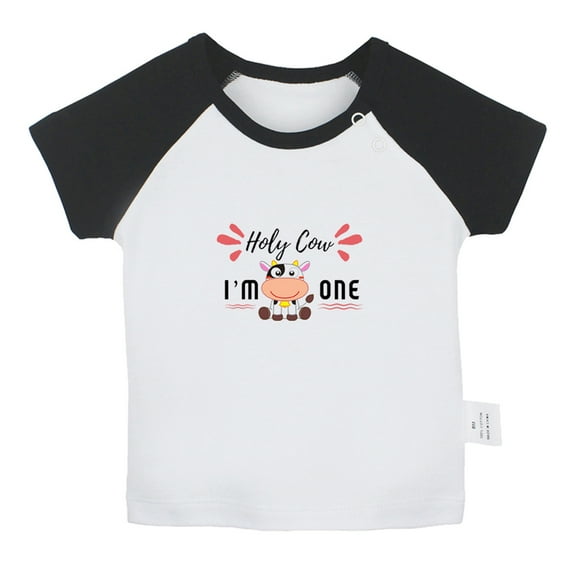 Holy Cow I'm One Funny T shirt For Baby, Newborn Babies T-shirts, Infant Tops, 0-24M Kids Graphic Tees Clothing (Short Black Raglan T-shirt, 0-6 Months)