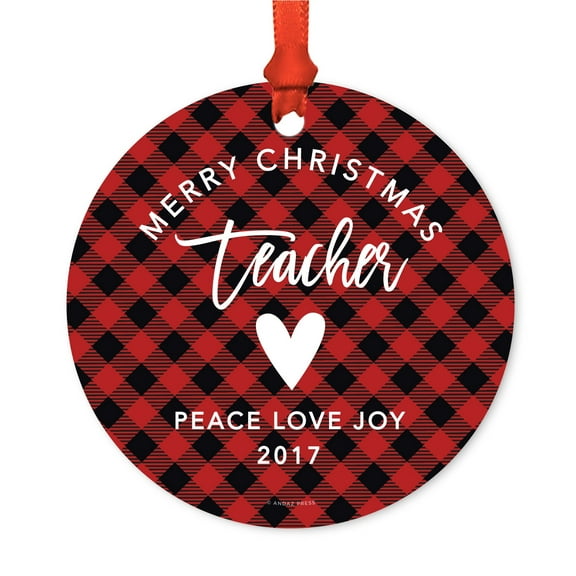 Family Metal Christmas Ornament, Merry Christmas Teacher 2017, Red Plaid, Includes Ribbon and Gift Bag