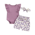 thumbnail image 2 of BemeyourBBs Toddler Baby Girls Summer Clothes Cute Infant Baby Girl 2 Pieces Outfits Short Sleeve Ribbed Romper Daisy Print Shorts with Belt Headband Sets, 2 of 10