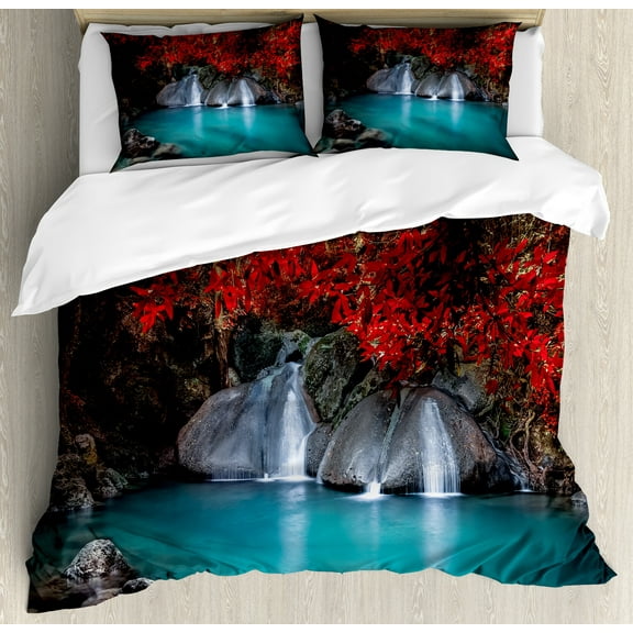 Landscape Duvet Cover Set, Flowing Erawan Cascade Waterfall Tropical Forest, Decorative 3 Piece Bedding Set with 2 Pillow Shams, Calking Size, Coral Aqua, by Ambesonne