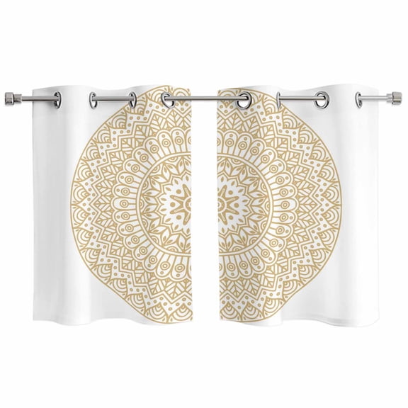 2 Panels Kitchen Tier Curtains 39 Inch Length, Beige Boho Grommets Window Treatment Curtain, Retro Farmhouse Ethnic Abstract Geometric Art Thermal Curtains Drapes for Living Room/Bathroom