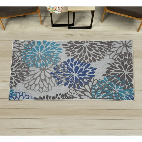 Flower Decorative Rug, Modern Dahlia Inspired Petals Blossom Abstract Garden Artwork Design Print, Quality Carpet for Bedroom Dorm and Living Room, 6 Sizes, Dimgray Azure Blue, by Ambesonne