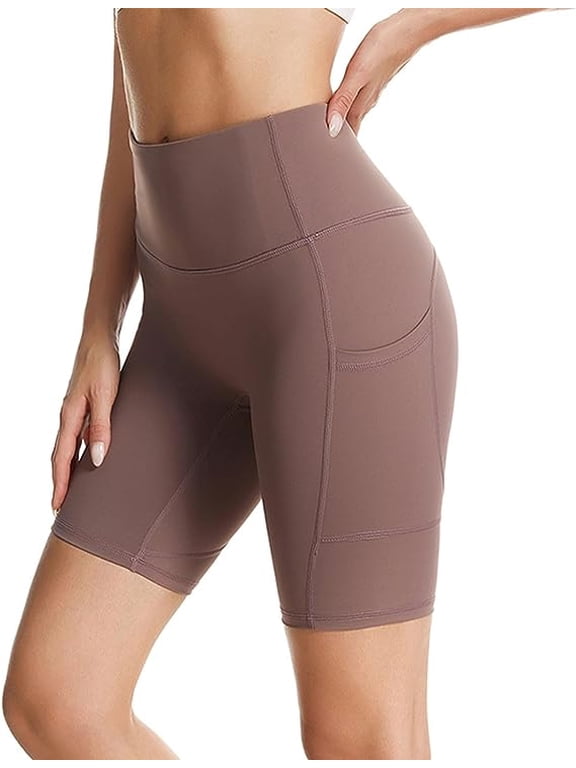 High-Rise Biker Shorts with 2 Side Pocket for Women Workout Leggings Yoga Pants Fitness Athletic Workout Running (Rose Taupe - Small)