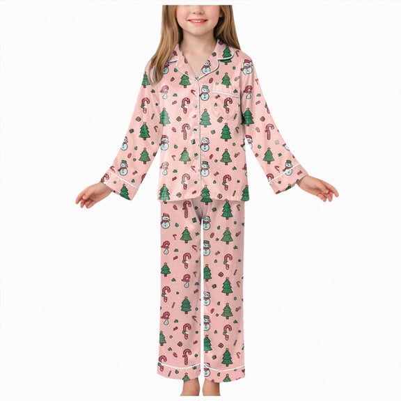 NOLDARES Kids Girls Christmas Pajamas Button Up Top Pants Girls Pjs Set Sleepwear Santa Print Loungewear(D012-Light Pink)