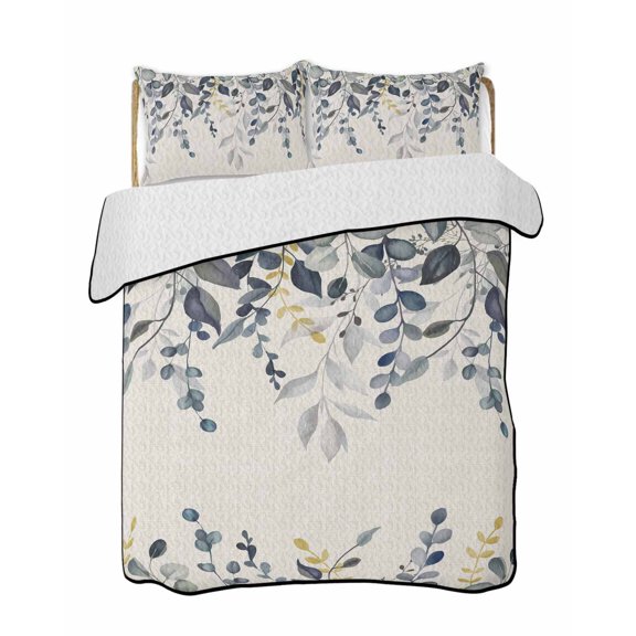 Full Size Quilt Bedding Set, Blue Grey Eucalyptus Reversible Summer Quilt 3 Pieces, Farmhouse Weeping Leaves on Linen Lightweight Bedspreads Coverlets with 2 Pillow Shams for All Seasons