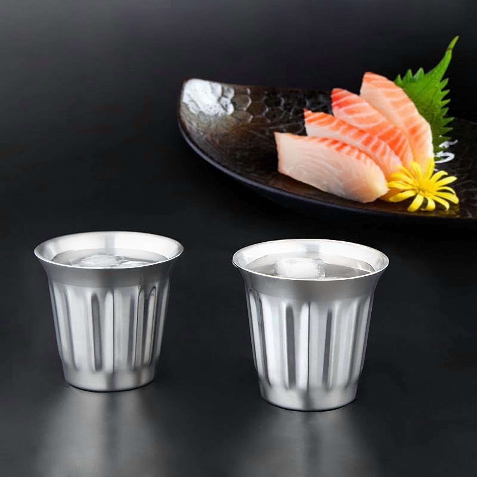 Easyworkz Stainless Steel Double-Wall Espresso Cups 5 oz Set of 2, Vertical Stripe Design, Gunmetal