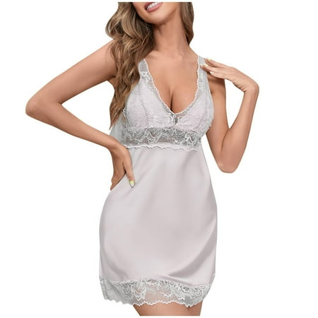 ZyeKqe Nightgowns for Women Deep V Neck Sexy Tank Pajamas Dress Lace Babydoll Lingerie Sleep Shirts Loungewear