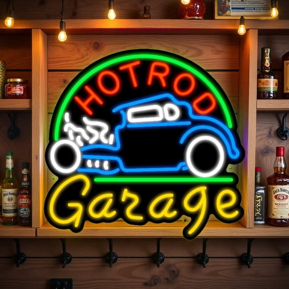 Queen Sense 16"x15" Hot Rods Garage Car LED Neon Sign for Wall Decor Dimmable USB Powered LED Light W116HRGCS-5VLED